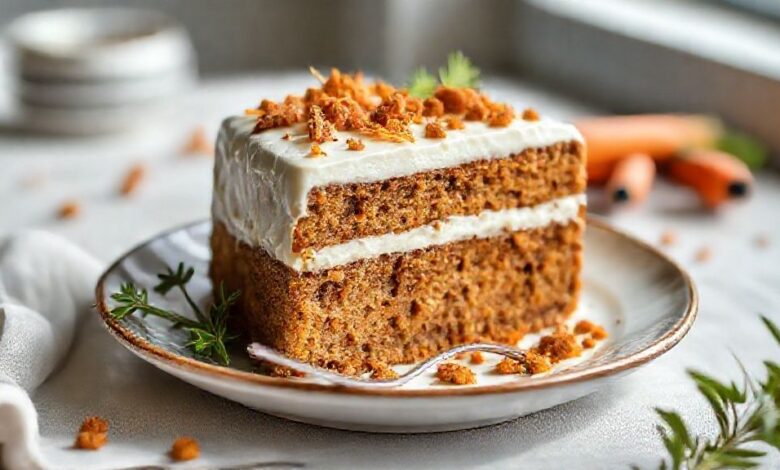 Bolo de cenoura sem açúcar fofinho e dourado com cobertura de chocolate, servido em prato branco sobre mesa rústica