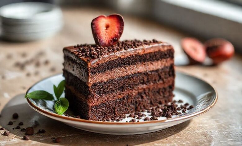 Bolo de chocolate 50% cacau bem assado, úmido e coberto com calda brilhante, servido em prato elegante