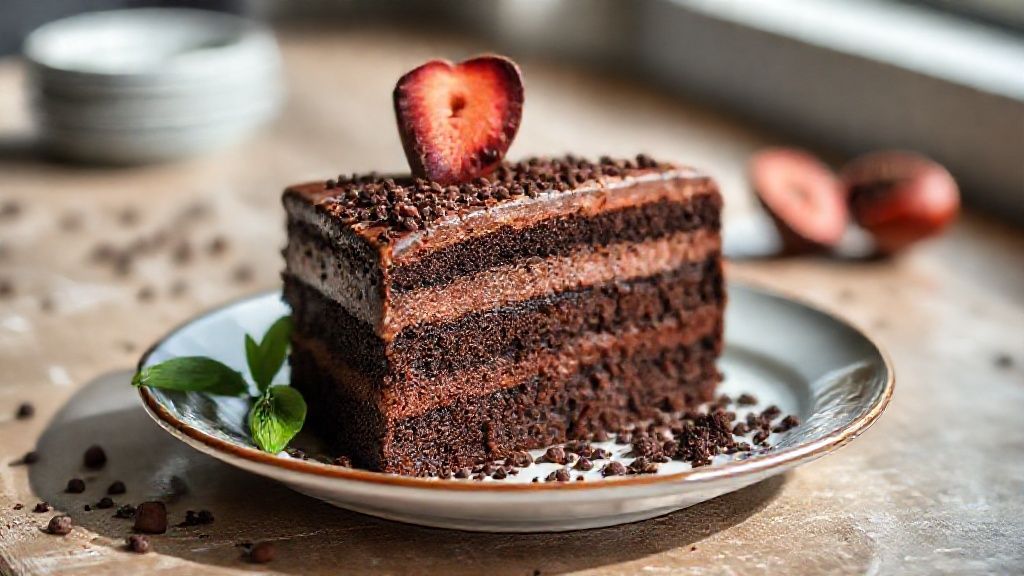 Bolo de chocolate 50% cacau fofinho e úmido, coberto com calda brilhante e decorado com raspas de chocolate.