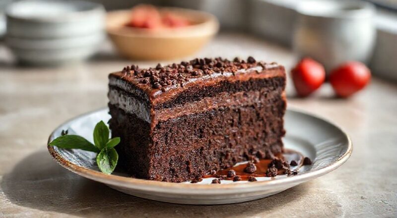 Bolo de chocolate fofinho e úmido, com leve casquinha por cima e raspas de chocolate decorando