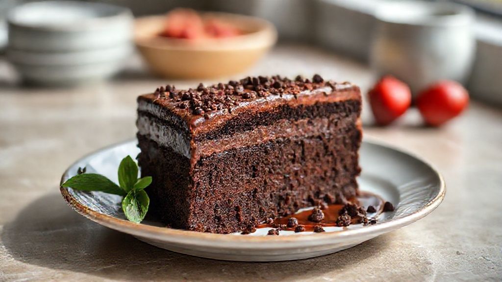Bolo de chocolate com 4 ingredientes, fofinho e úmido, servido em prato branco com raspas de chocolate por cima