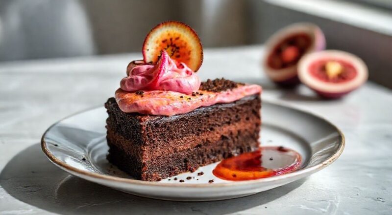 Bolo de chocolate molhadinho coberto com mousse de maracujá cremosa, decorado com sementes da fruta e raspas de chocolate.