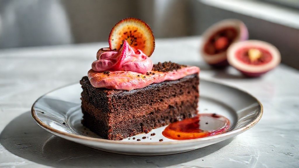 Bolo de chocolate com mousse de maracujá cremoso decorado com sementes frescas e raspas de chocolate.