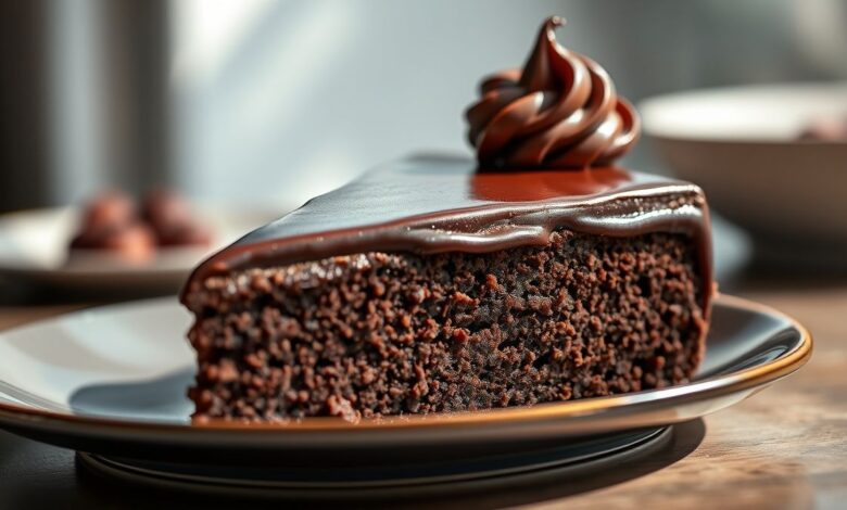 Bolo de chocolate fofinho com cobertura cremosa e aspecto úmido, servido em prato branco sobre mesa de madeira
