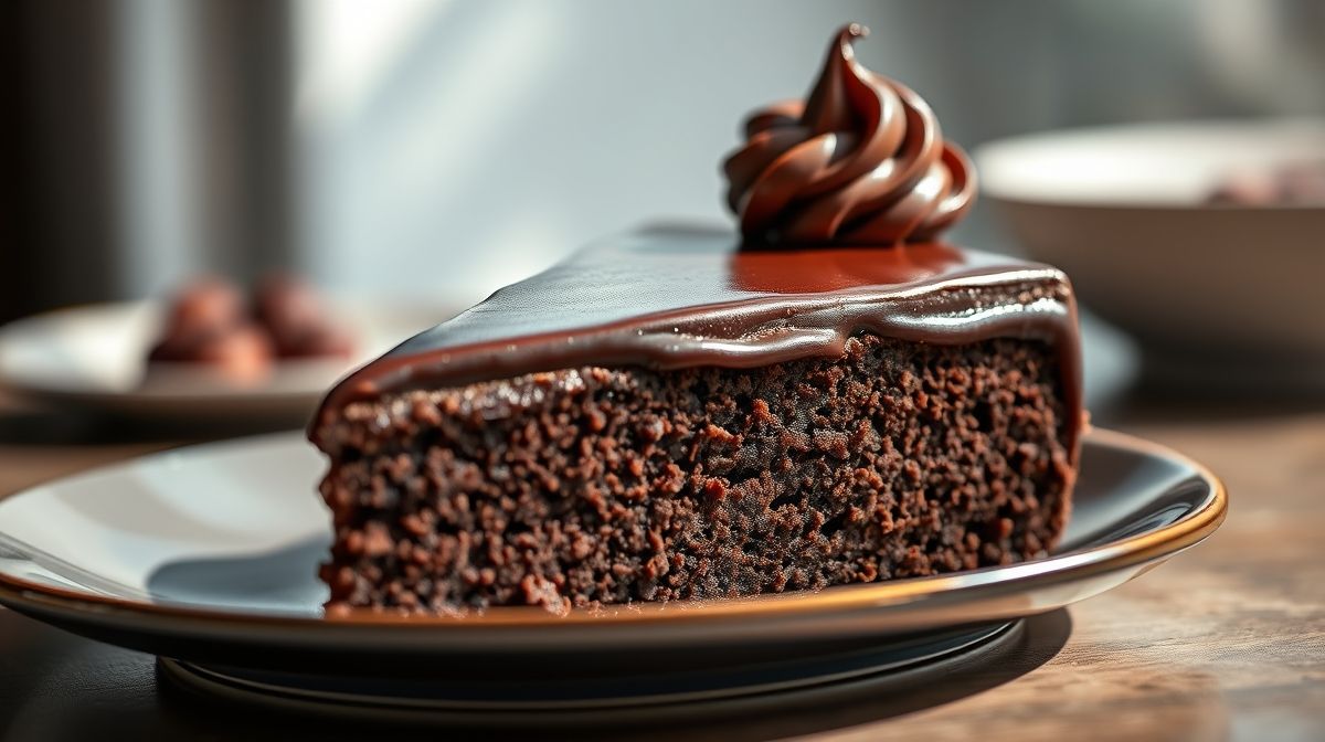 Bolo de chocolate fofinho e úmido coberto com calda brilhante, perfeito para acompanhar o café da tarde
