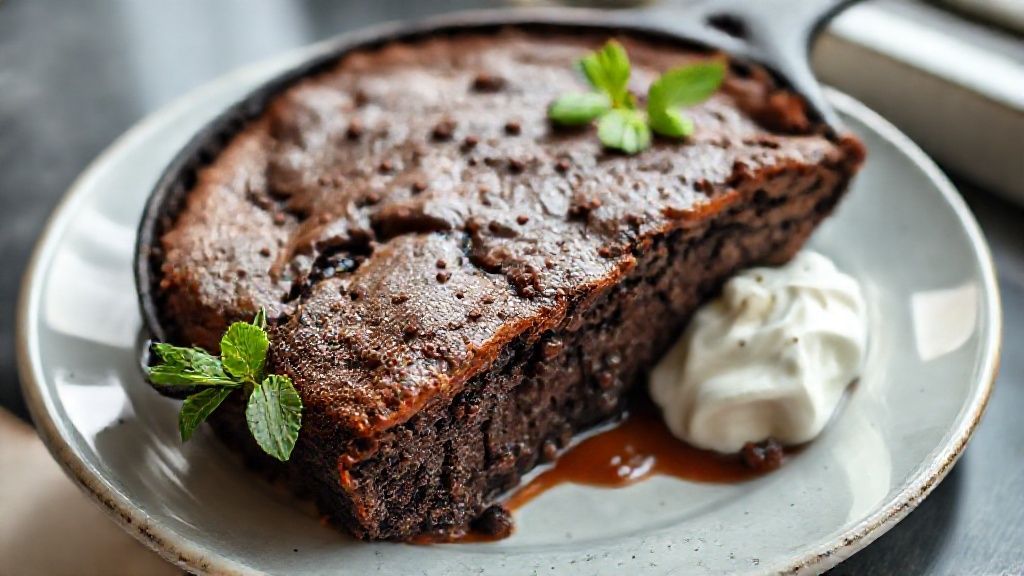 Bolo de chocolate na frigideira fofinho com cobertura cremosa e pedaços de chocolate por cima