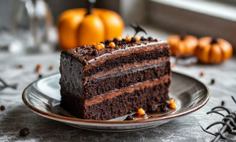 Bolo de chocolate decorado com teia de aranha feita de chocolate branco, visual temático e atraente para festas.