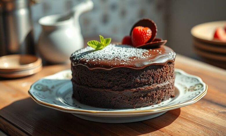 Bolo de chocolate sem ovo com cobertura cremosa e textura úmida servido em prato elegante