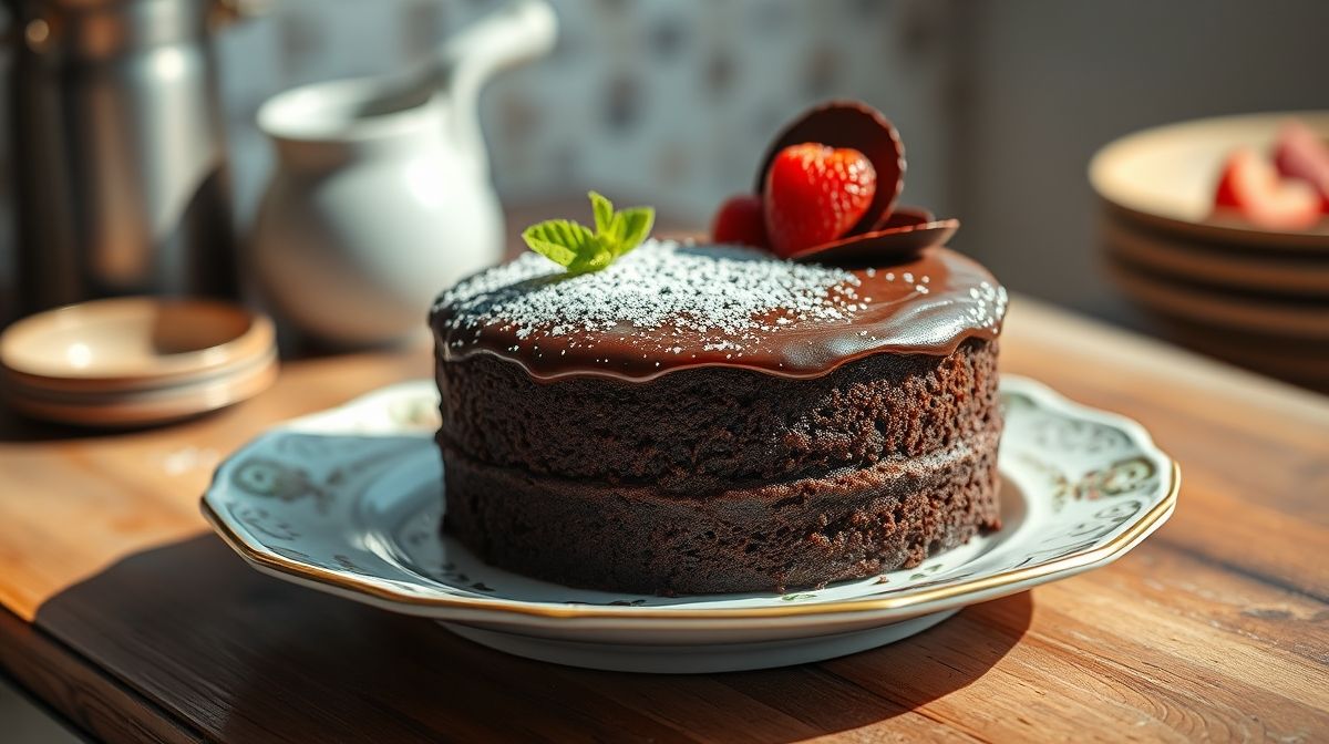 Bolo de chocolate sem ovo fofinho e úmido com cobertura brilhante servido em prato decorado