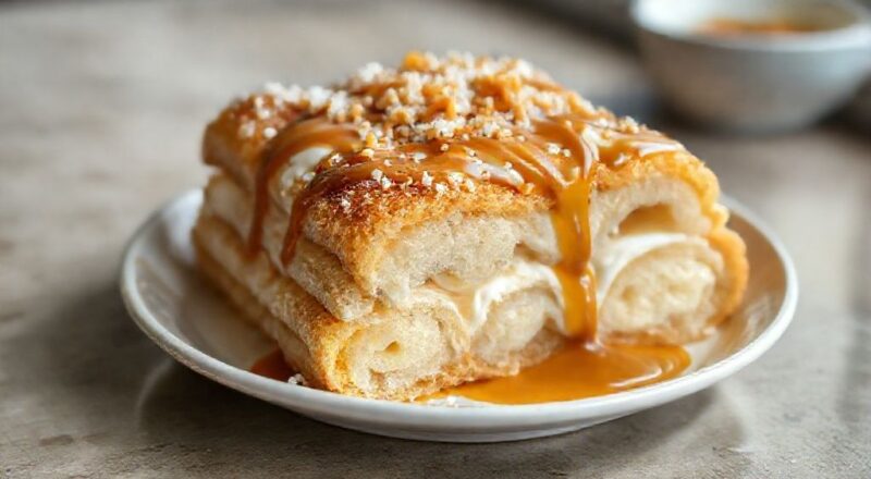 Bolo de churros fofinho coberto com doce de leite e polvilhado com açúcar e canela, servido em prato branco.
