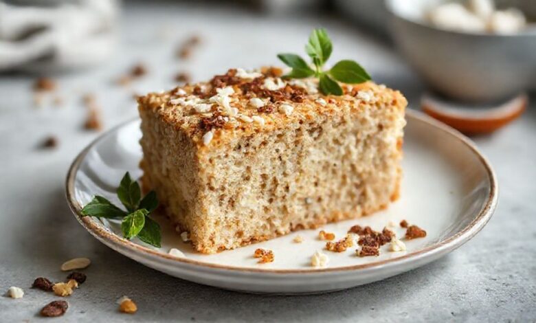 Bolo de coco com farinha de aveia dourado e úmido, coberto com coco ralado, servido em prato de porcelana sobre mesa rústica