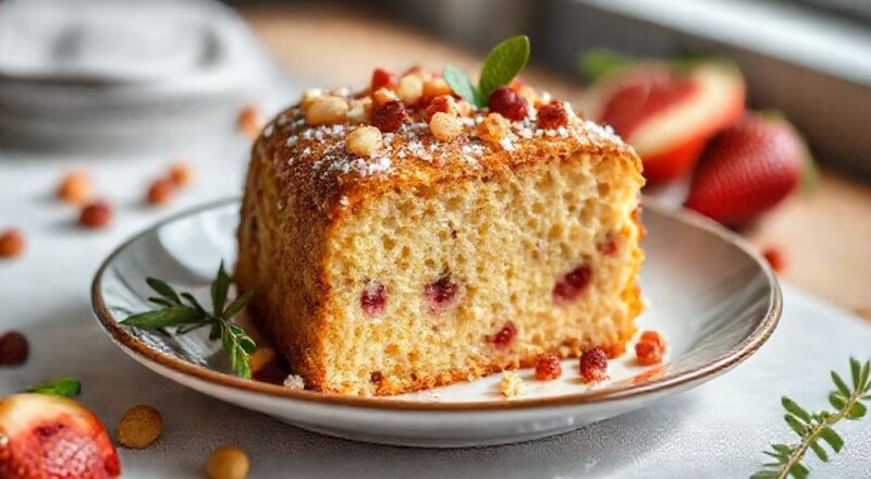 Bolo dourado, fofo e perfumado, decorado com açúcar de confeiteiro e frutas coloridas