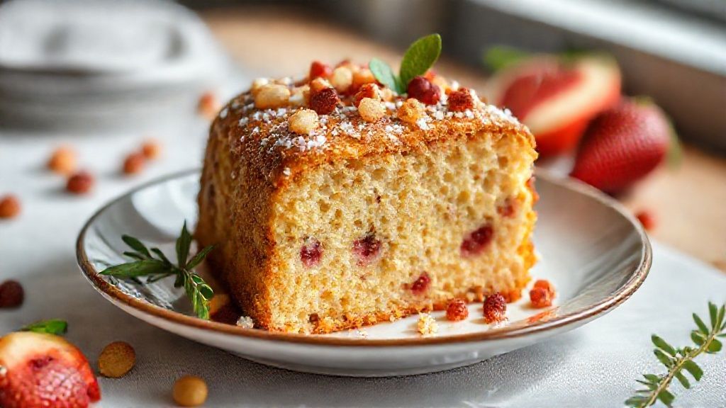 Bolo de frutas cristalizadas fofinho dourado e decorado com açúcar de confeiteiro, ideal para festas e café da tarde