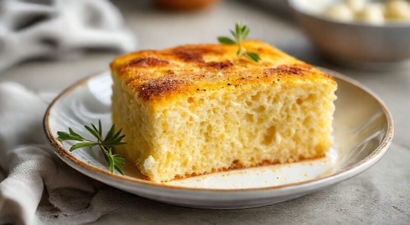 Bolo dourado e fofo, com interior cremoso e pedaços de queijo, servido em fatias sobre mesa rústica com café quente
