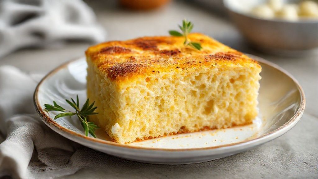 Bolo de fubá com queijo fofinho e cremoso dourado, cortado e servido em prato branco com café ao fundo