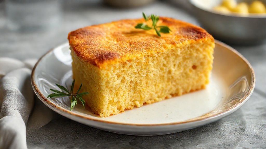 Bolo de fubá cremoso dourado pronto, com topo dourado e textura macia, ideal para café da tarde