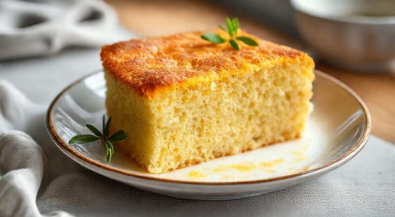 Bolo de fubá fofinho dourado recém-assado, com casquinha crocante e interior macio, servido em fatias sobre um prato elegante