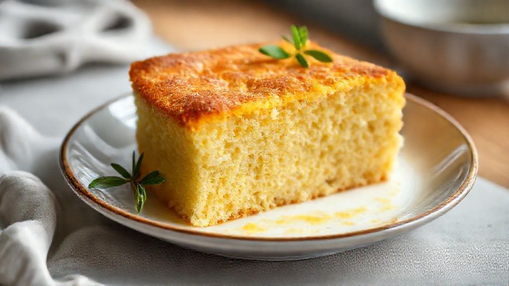 bolo de fubá fofinho dourado pronto, dourado e macio, servido em prato branco com café ao lado