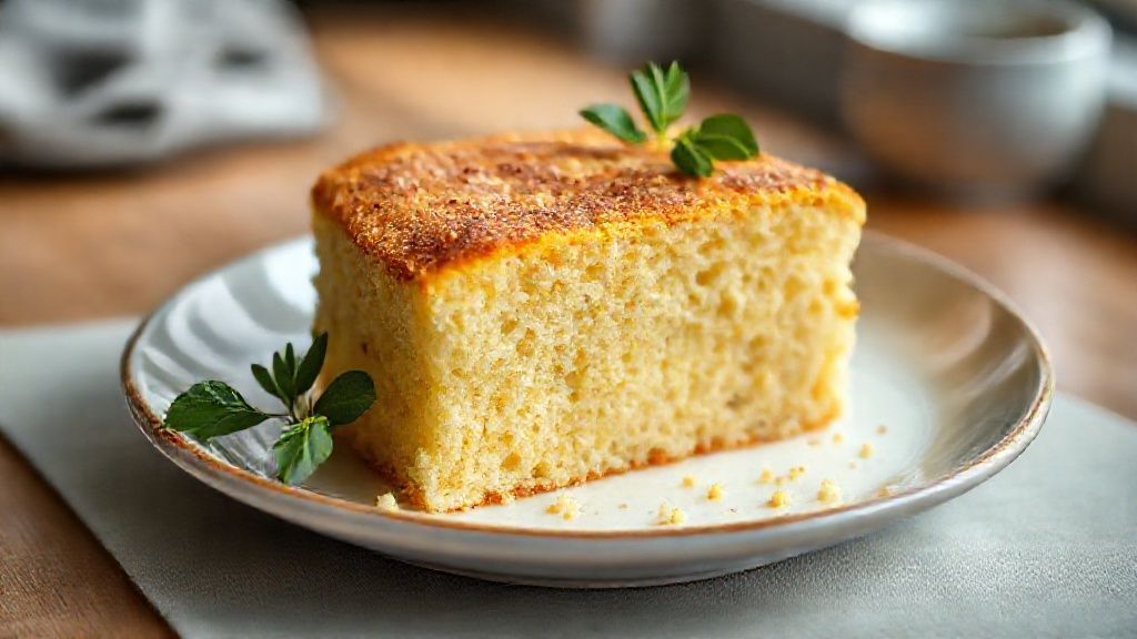 Bolo de fubá fofinho dourado e leve servido em prato branco, textura aerada e aroma caseiro delicioso