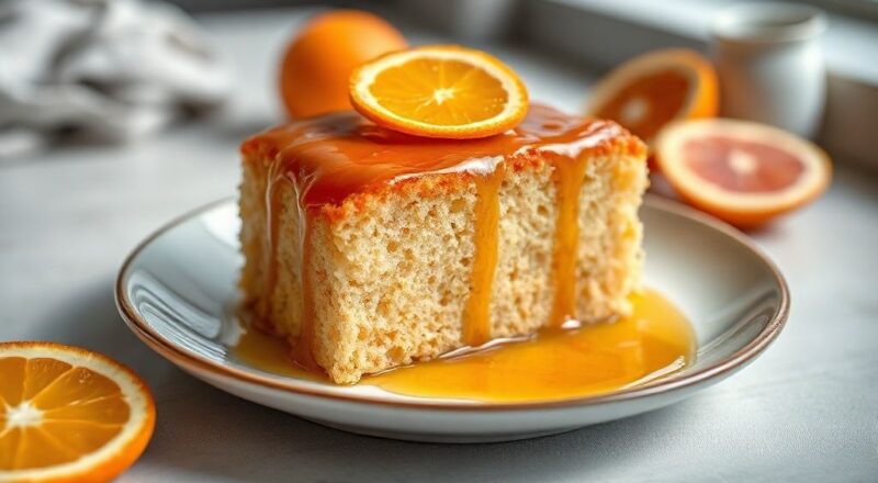 Bolo de laranja com calda pronto, dourado, brilhante e suculento, servido em prato bonito