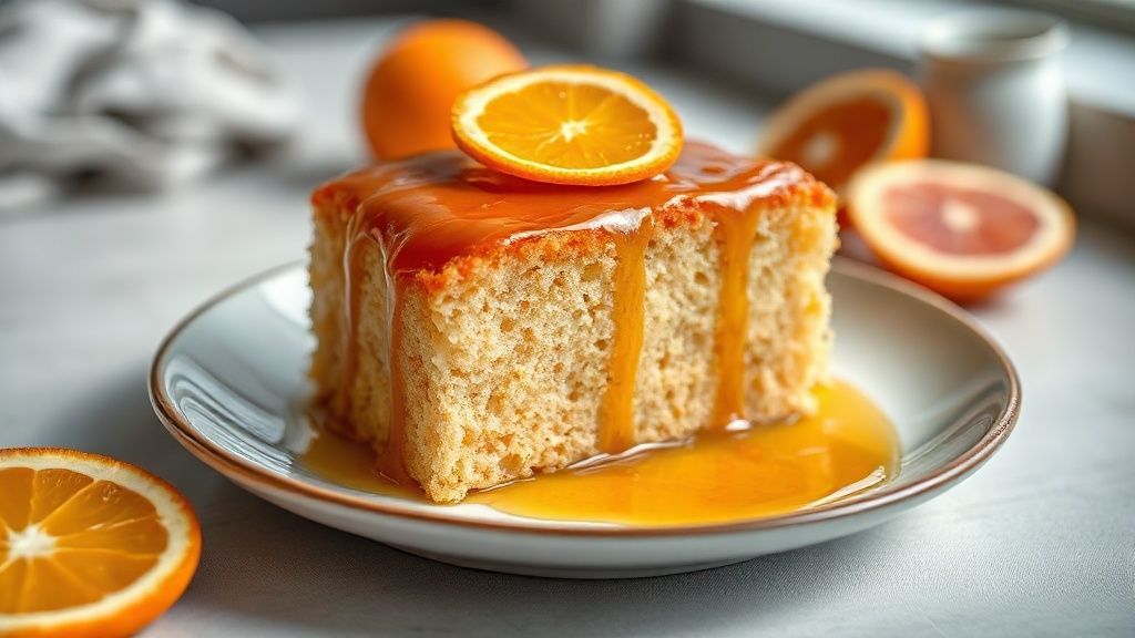 Bolo de laranja com calda dourado e brilhante sobre prato branco, textura fofa e cobertura cítrica apetitosas
