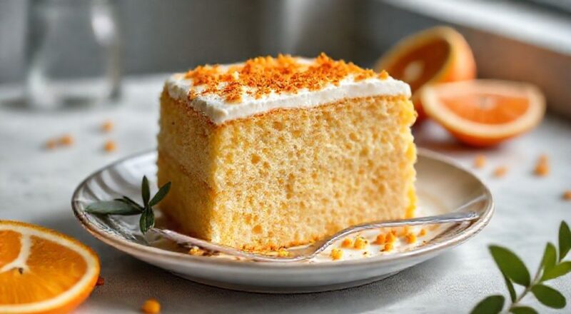 Bolo de laranja dourado e fofo, coberto com calda leve e servido em prato de sobremesa, ideal para o café da tarde