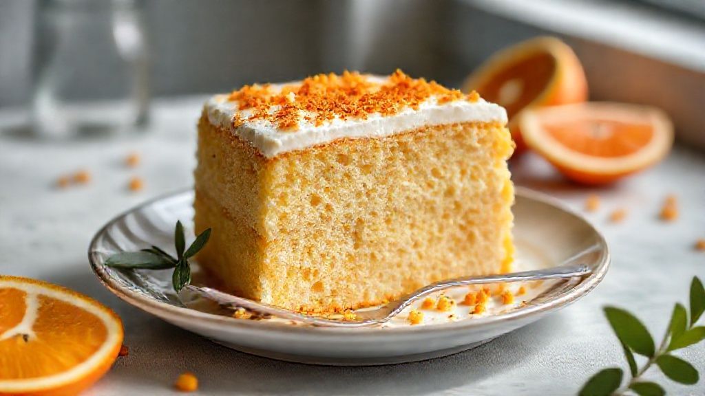Bolo de laranja no liquidificador fofinho servido em fatias douradas com calda cítrica