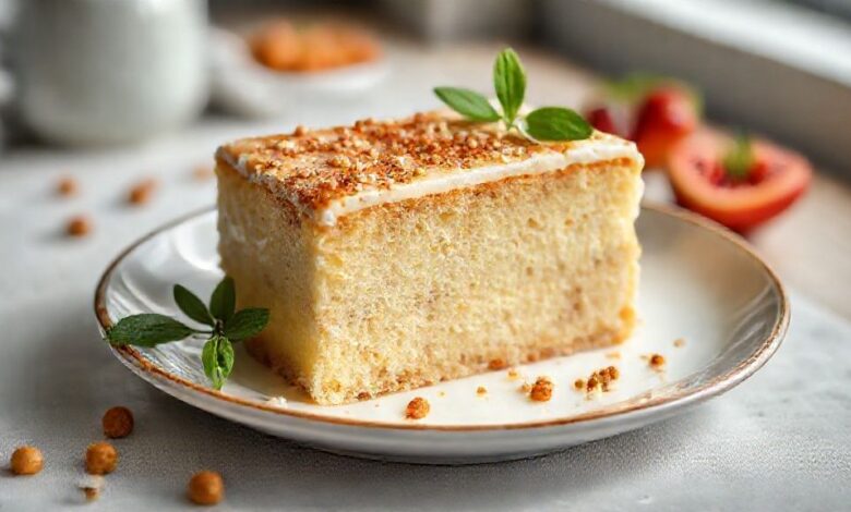 Bolo dourado e cremoso sem trigo, servido sobre prato branco, com textura leve e brilho apetitoso