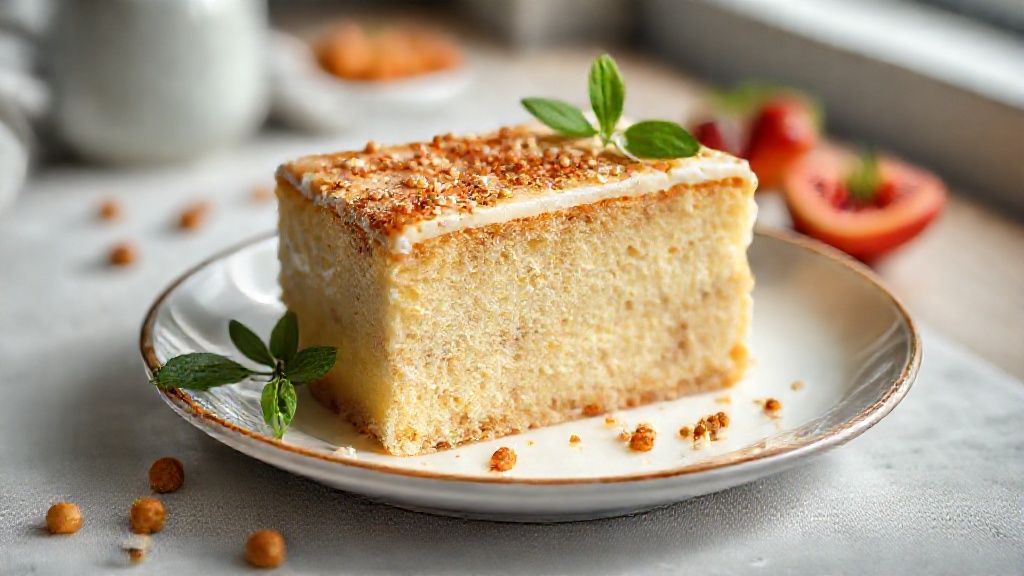 Bolo de leite condensado sem trigo dourado e cremoso, servido fatiado em prato branco, mostrando textura macia e brilhante