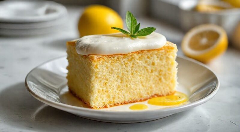 Bolo de limão com cobertura branca e raspas de limão, servido em prato elegante, aparência úmida e irresistível