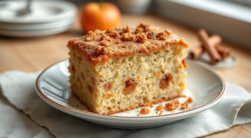 Bolo dourado e fofo, com fatias de maçã e canela por cima, servido em prato rústico sobre mesa de madeira