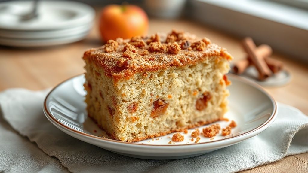 Bolo de maçã com canela dourado e fofo, recém-saído do forno, decorado com fatias de maçã e açúcar mascavo