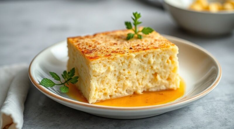 Bolo de maizena cremoso recém-assado, dourado, com textura úmida e aparência caseira apetitosa