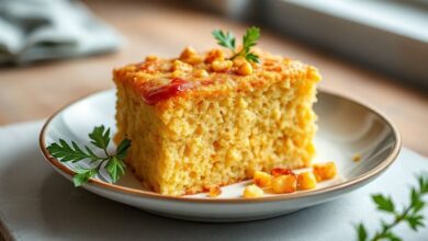 Bolo de milho de latinha dourado, úmido e servido em pedaços, com textura cremosa e aroma irresistível