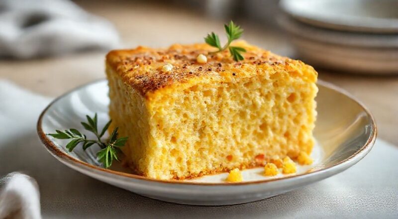 Bolo de milho de latinha dourado e fofinho, servido em fatias com aparência úmida e apetitoso
