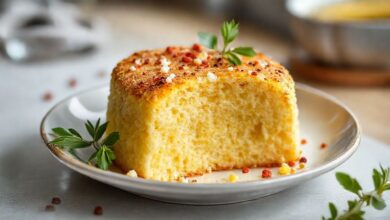 Bolo de milho dourado e macio servido em fatias, com textura leve e aspecto caseiro e apetitoso