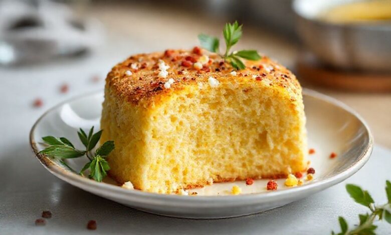 Bolo de milho dourado e macio servido em fatias, com textura leve e aspecto caseiro e apetitoso