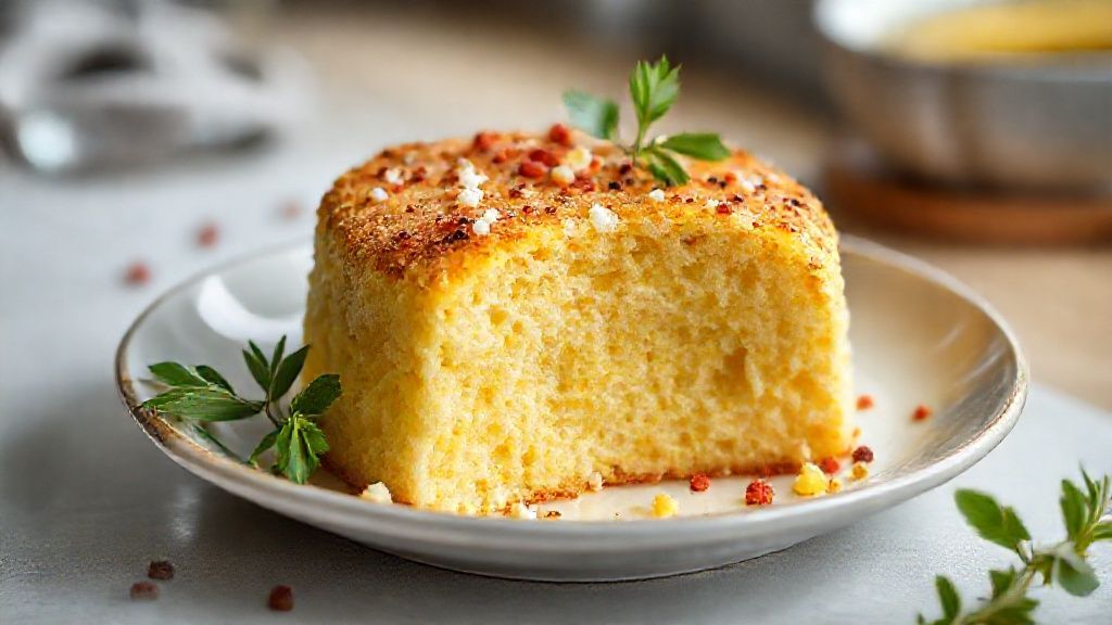 Bolo de milho dourado e macio servido em fatias, com textura leve e aspecto caseiro e apetitoso