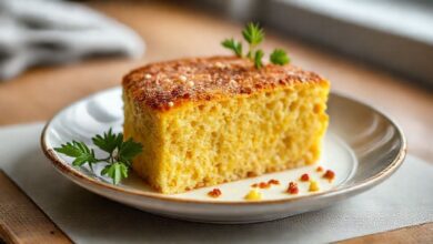Bolo de milho dourado e fofo, servido em prato com café ao lado, com textura úmida e aparência caseira.
