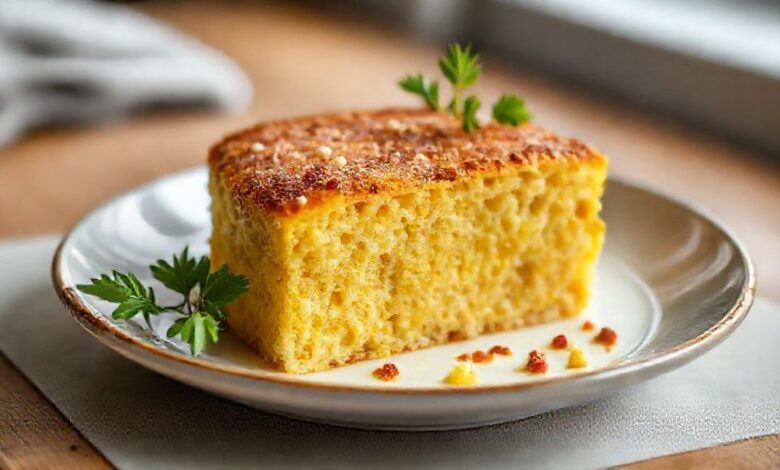 Bolo de milho dourado e fofo, servido em prato com café ao lado, com textura úmida e aparência caseira.