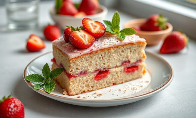Bolo de morango saudável finalizado, coberto com morangos frescos e calda leve, em prato branco sobre mesa de madeira.