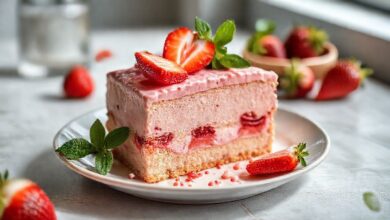 Bolo dourado e fofinho de morango com cobertura brilhante de frutas frescas sobre prato branco