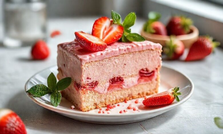 Bolo dourado e fofinho de morango com cobertura brilhante de frutas frescas sobre prato branco