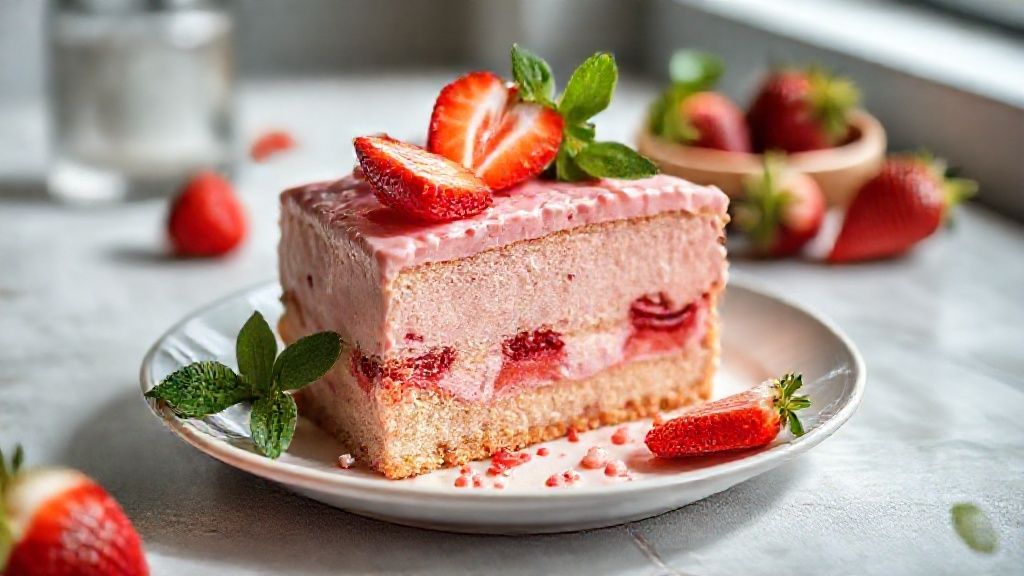 Bolo dourado e fofinho de morango com cobertura brilhante de frutas frescas sobre prato branco