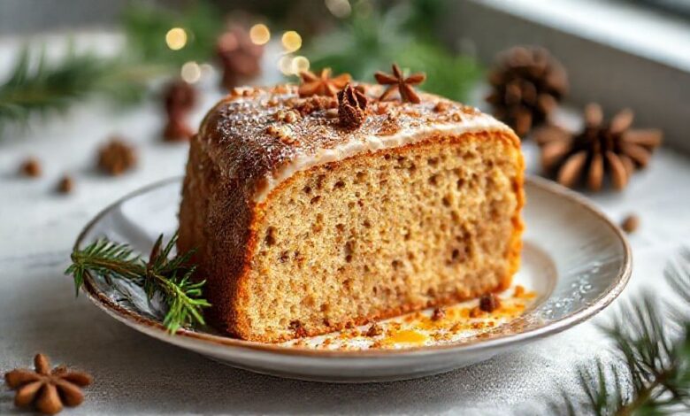 Bolo natalino dourado, coberto com glacê de mel e decorado com frutas secas e canela, em mesa festiva.