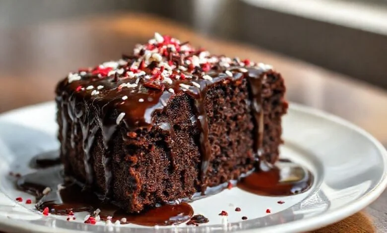 Bolo de Nescau retangular coberto com calda de chocolate e flocos, servido em prato rústico e decorado