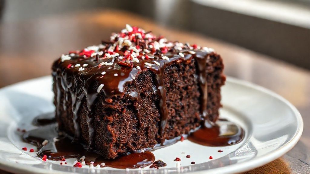 Bolo de Nescau fofinho e molhadinho coberto com calda de chocolate e flocos, servidos em prato decorado