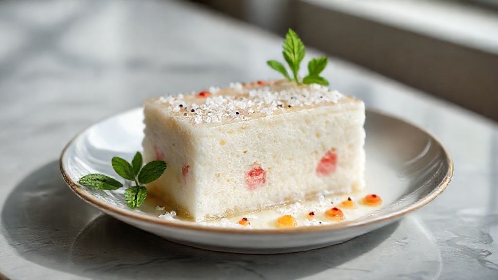 Bolo de tapioca gelado decorado com coco ralado e canela, textura cremosa e visual tropical
