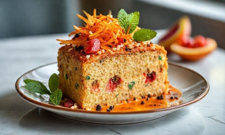 Bolo dourado com cobertura de banana, canela e chocolate derretido, servido em prato rústico.