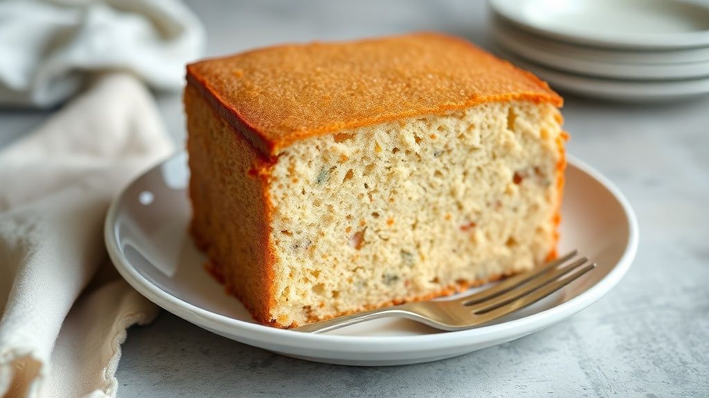 Bolo dourado e macio sobre prato branco, com corte mostrando textura leve após ajuste com farinha de trigo.